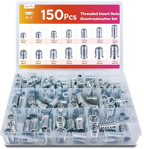 Gewindeeinsatz, Gorffy 170 Stück Einschraubmutter Holz, M6/M8/M10 Legierter Stahl Einschraubmuffen Gewindebuchse, Gewindebuchse Gewindeeinsatz für Holzmöbel, Silbern Einschraubmutter mit Box