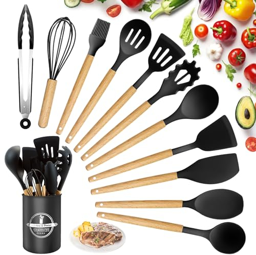Utensilios de Cocina de Silicona 22 Piezas, set di utensili da cucina per pentole antiaderenti, al Calor y Antiadherentes con Mango de Madera para Utensilios sin BPA (Negro)