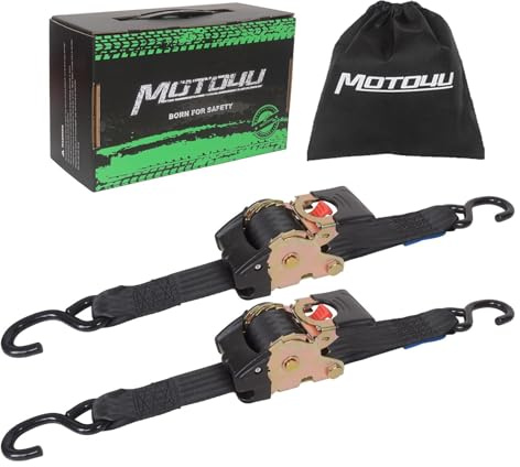 MOTO4U Einziehbare Ratschengurte, 5,1 cm x 3 m – 1360 kg Bruchfestigkeit, selbstratschende Gurte für Motorrad, Ladung, LKW, Anhänger, Gepäck, 2 Stück
