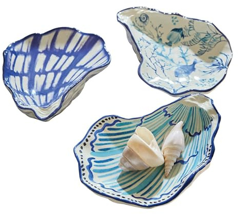 Loberon Schale 3er Set Allarmont, von Hand bemalt, maritimes Flair, Muschelstruktur auf der Unterseite, Strand-Feeling, Muschelbowls, Dekoration, Steingut, blau/türkis