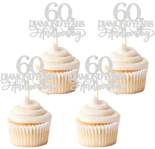 Blumomon 24Pcs 60th Wedding Anniversary Cupcake Toppers - Silver Glitter Diamond Cake Decoration for Celebration Party Supplies