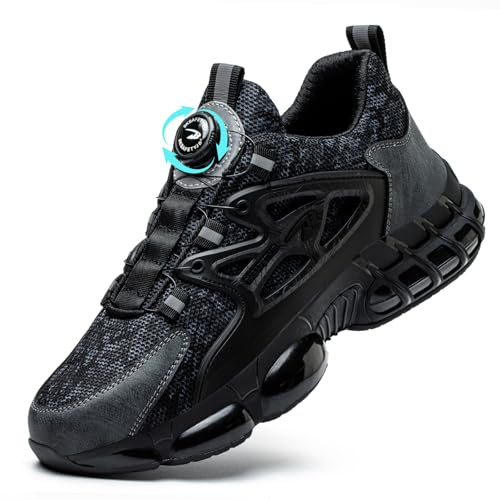 GemChve Chaussures de Sécurité Hommes Légère Respirantes Femme Basket Securite Embout en Acier Antidérapante Confortable Chaussures de Travail Black 43 EU