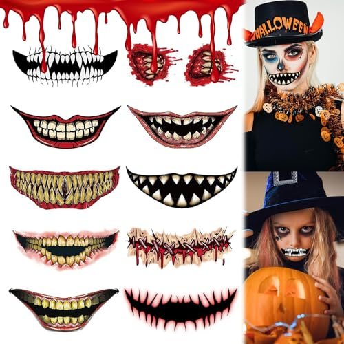 Tattoo Halloween Mund Aufkleber, Halloween Gruselig Totenkopf, Make-up Requisiten, Masquerade Party Dekoration, für Erwachsene