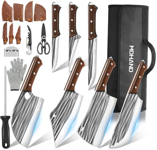MDHAND Metzgermesser Set, 14pcs Küchenmesser Set mit Rolltasche, Scharfes Hackmesser Messerset, High Carbon Steel Kochmesser Fischmesser für Küche, Camping, BBQ