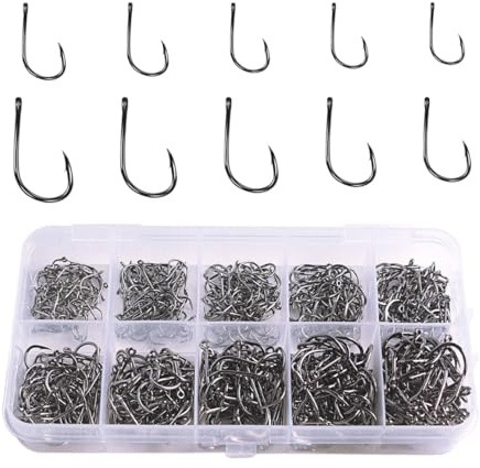 zfyanssee 500PCS Fishing Hooks (#3~#12), Carbon Steel Barbed Circle Hooks with Plastic Box