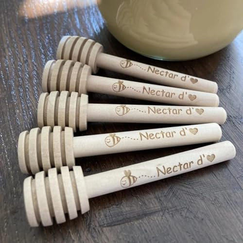 PGORSDOR Lot de 100 cuillères à miel en bois personnalisées, bâtonnets de miel gravés personnalisés, barre à miel en bois personnalisée, cadeaux de mariage pour invités (100 pièces, 10 cm)