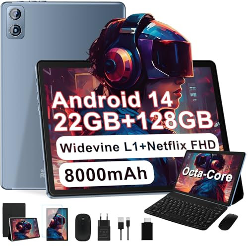 Dghrti 2025 Tablette Tactile 10 Pouces Android Tablet, 22Go+128Go ROM/TF 1TB, 8000mAh, UFS 2.1 Flash, Octa-Core 2.0GHz, WiFi 5G+2.4G, BT5.0, 8MP+5MP, Widevine L1, avec Clavier Souris - Gris