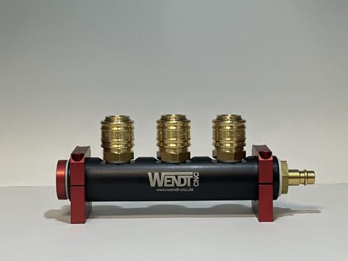 Druckluftverteiler 3-fach (Rot, mit Kupplungen) mit/ohne Kupplungen und Stecknippel NW7,2 | Magnetfüße | 360° Halterung Achsial | Aluminium | Luft | Pneumatik | 1/4, 1/2