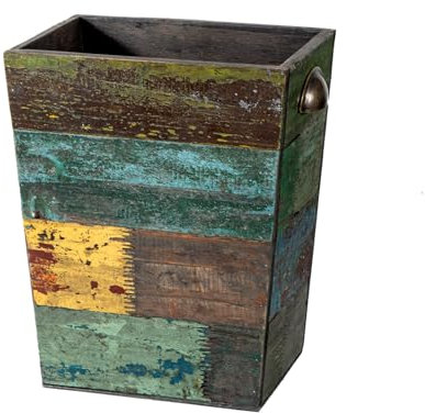 Small Wooden Trash Can Waste Paper Bin, Farmhouse Decorative Garbage Can Wastebasket, Rustic Distressed Boho Wooden Trash Recycling Basket with Metal Handles, Reclaimed Wood Storage Basket