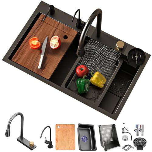 DSMRLEOP 65x50cm Fregadero de cascada de acero inoxidable negro, 1 cuenco, fregadero de cocina multifuncional con grifo de alta presión, juego completo de accesorios y opciones de instalación versátil