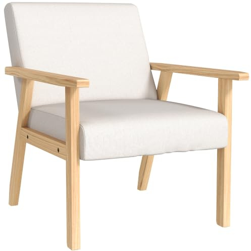 HOMCOM Sessel Loungesessel mit Massivholzbeine für Wohnzimmer Cremeweiß | Armlehnstuhl, Relaxsessel, Lesesessel mit Leinenoptik, Polstersessel für Schlafzimmer Arbeitszimmer