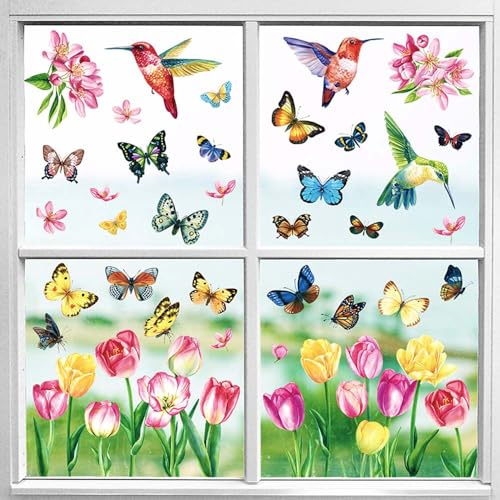 9 Blätter Fensterbilder Frühling Selbstklebend - Fensterbilder Blumen Sommer Schmetterlinge Deko, Frühlingsdeko Fenster, Frühlingsdeko Innen für Deko Fensterfolie Fensterbild