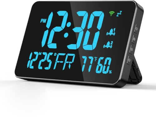 Ejoyous Calendario Orologio Tavolo WiFi con Display LED Digitale, Supporto Calibrazione Automatica WiFi, luminosità Regolabile su 4 Livelli, Display Remoto App, Avviso Limite di (Blue)