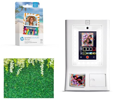 HP Sprocket Photo Booth Machine Instant Color Photo Printer (White) + Zink Paper (100 Sheets) + Leaves Photo Backdrop (1)