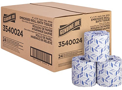 Genuine Joe Embossed Bath Tissue, 2-Ply, Septic Safe, Individually Wrapped, 4 x 3.75, 400 Sheets/Roll, 24 Count