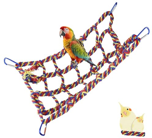 LuckyOpt Kletternetz für Papageien, buntes gewebtes Haustier-Kletternetz mit 4 Haken, Hängematte, Netz, Rattenkäfig-Zubehör für Papagei, Hamster (A)