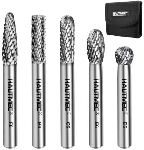 HAUTMEC 5Pcs Tungsten Carbide Rotary Burr Bit YG6, 1/4 Shank Double Cut Die Grinder Bit with Belt Pouch, Low Vibration Precision Rotary File for Metal Grinding, Engraving & Deburring (6MM), HT0453