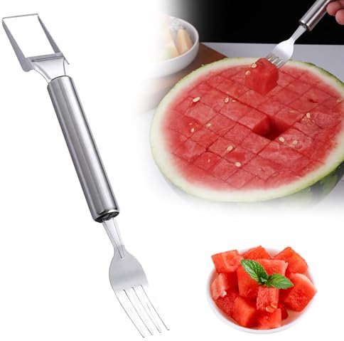 2-in-1 Stainless Steel Watermelon Cutter, 2025 New Fruit Slicer Portable Fruit Fork for Camping, Multifunctional Kitchen Gadget for Home and Parties, Stainless Steel Utensil for Family (1)