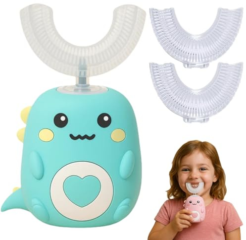 U-Shaped 360º Ultrasonic Toothbrush, Electric Tooth Brush with 2 U Shaped Silicone Brush Heads, Kids Hands Free Toothbrush, LED & Dino Look, Brushing Takes Just 60S (Cyan, 2-6 Age)