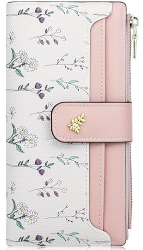 Farcauo Portefeuille pour Femmes RFID Porte-Monnaie Moyen-Grand avec Motif Floral Rose Portefeuille avec Compartiment Documents et Pochettes pour Cartes