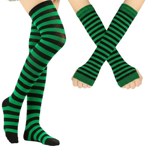 Vbxvsa randiga handskar knästrumpor set lårhöga armvärmare strumpor randiga stickade handskar, Grön svart, one size