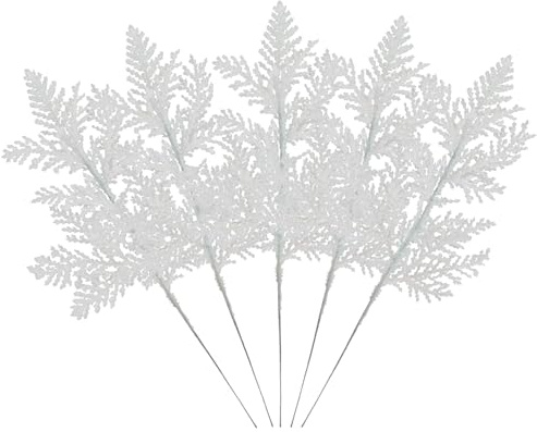 14piezas Ramas de Hojas Artificiales con Purpurina de Navidad,Ramas de árbol de Imitación,Decoración de árbol de Navidad,Adornos Navideños Blancos,para Hogares,Bodas,Fiestas
