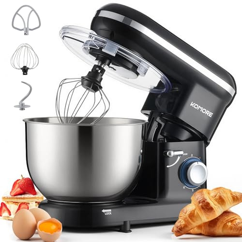 KOMORE 5.5L Stand Mixer for Baking, 6 Speed Pulse Mode, 1400W 3-in-1 Electric Kitchen Food Mixers with Stainless Steel Bowl, Beater, Dough Hook, Whisk, Splash Guard for Bread & Cakes, Black