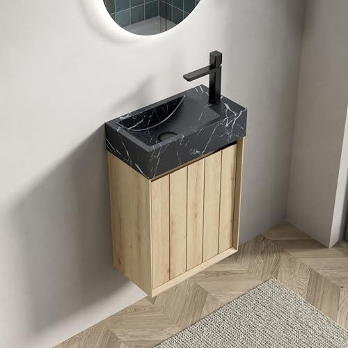 dowowdo Waschtischunterschrank mit Unterbauwaschbecken aus Naturmarmor - 40cm Badezimmermöbel Set, wandmontiert für kleine Bäder, in Weißeiche-Optik mit 1 Tür