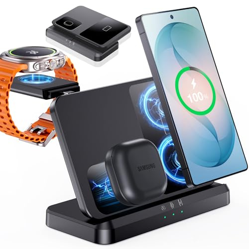 EGV Induktive Ladestation für Samsung – 3-in-1 Wireless Charger kompatibel mit Galaxy S26 Ultra/S25/S24, Z Fold/Flip 7/6, Buds, Abnehmbares Ladegerät für Galaxy Watch Ultra/8/7, Kein Adapter | Induktive Ladestation, Kompatibel mit Buds, Abnehmbares Ladegerät für Galaxy Watch Ultra/8/7, Z Fold/Flip 7/6
