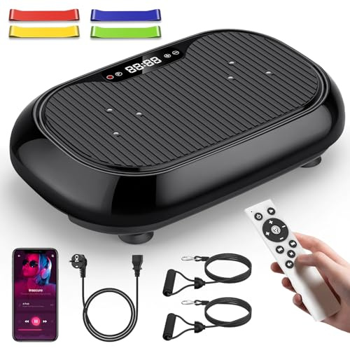 Plataforma vibratoria, placa vibratoria de fitness para casa con 120 niveles y 9 modos, dispositivo de pérdida de peso silencioso, altavoz Bluetooth, pantalla táctil, 4 bandas, máximo 150kg/330lbs