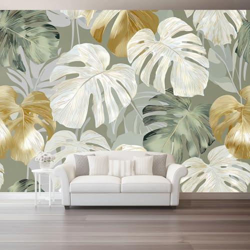 Väggtapet 350 x 256 cm för vardagsrum sovrum kök - tropisk design lyxiga monsterablad - lätt att installera, högupplöst tryck, vattenbeständig och lätt att rengöra, grön