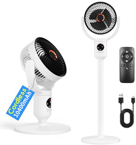 Lepwings Rechargeable Pedestal Fan, Cordless 8 Inch Standing Fan with Remote, 10400mAh 23dB Quiet Cooling Fan with LED 5 Speeds 90° Oscillation Adjustable Height for Bedroom Camping Office Patio