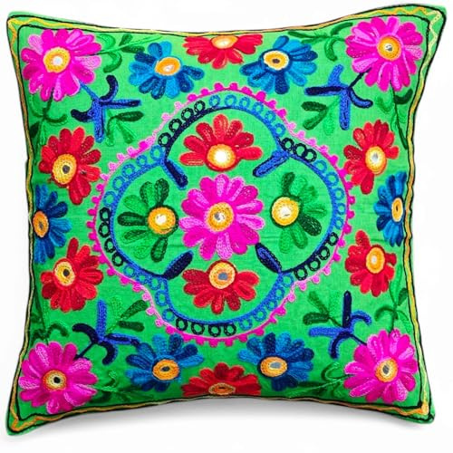 Kissenbezüge, dekorativ, bestickt, Mandala-Blumenmuster, Ethno-Boho-Kissenbezug, leuchtend bunter Bohemian-Bezug für Sofa, Couch, handgefertigter Schlafzimmer, Wohnzimmer, 40 x 40 cm (16 x 16 Zoll)