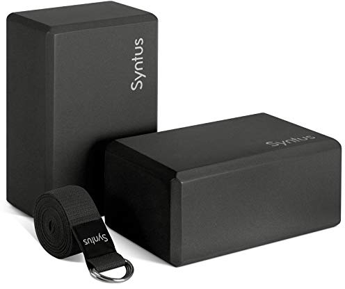 Syntus Yoga Block and Strap Set, 2 EVA Foam Soft Non-Slip Blocks 9×6×4 inches, 8FT Metal D-Ring Strap for Yoga, General Fitness, Pilates, Stretching and Toning