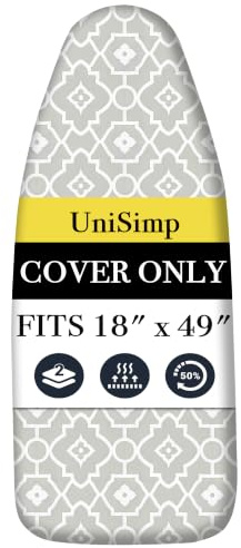 UniSimp Ironing Board Cover and Pad 18x49 Extra Thick Natural Cotton, Scorch and Stain Resistant Iron Board Cover, Wide Ironing Board Cover with Fasteners Heavy Duty Heatproof Elastic Edge Geometric
