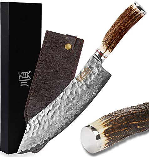Sunlong Coltello da Macellaio Professionale da Taglio Coltello 25,40 cm (10 Pollici) in Acciaio Damasco VG10 martellato Giapponese - Manico ergonomico in Corno con Pelle