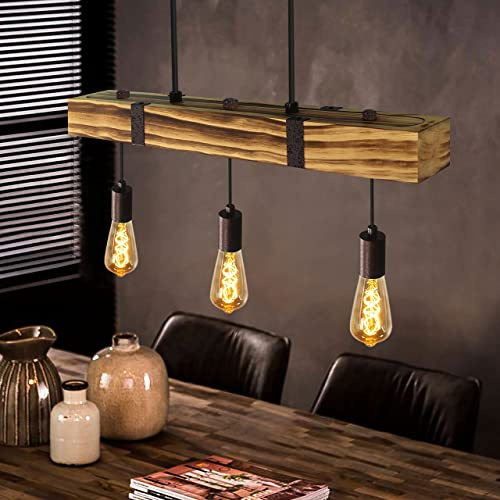 GBLY Pendellampa matbord av trä Vintage hänglampa retro matsalslampa i 61CM träbjälkar - 3 x E27 max 25 Watt - Höjdjusterbar Industriell pendellampa för matsal vardagsrum bar restaurang