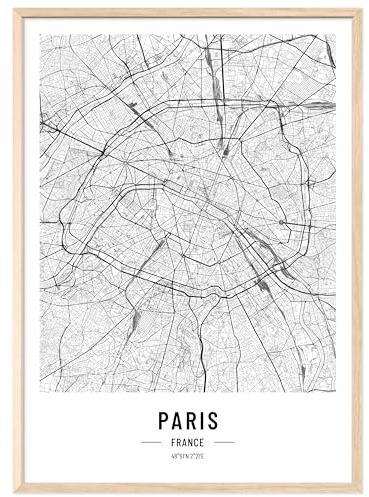 JUNOMI® Paris affisch XL med naturram, DIN A2 vardagsrumsdekoration, modern väggmålning, Parisbild, väggmålning med ram, stadskarta affisch Paris, perfekt presentidé