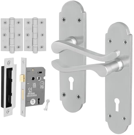 EAI Satin Door Handles Lock Set, 1 Pair Internal Satin Chrome Victorian Scroll Backplate Handles, Hinges and Lock 64mm