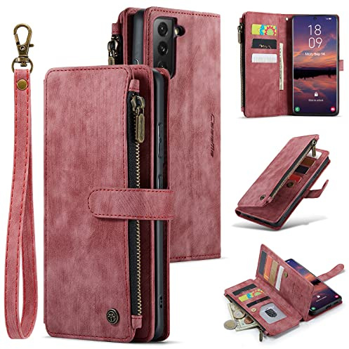 UEEBAI Handyhülle für Samsung Galaxy S22 5G, Retro Reißverschluss Hülle Premium PU Leder Weiche Klapphülle Magnetverschluss Kartenfach Standfunktion Geldbörse mit Trageband Schutzhülle - Wein Rot