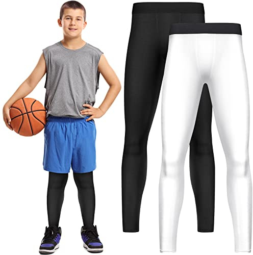 Haysandy Boys' Compression Leggings 2 Pack Youth Athletic Tights Basketball Running Compression Pants Sport Leggings(Large,Black, White)