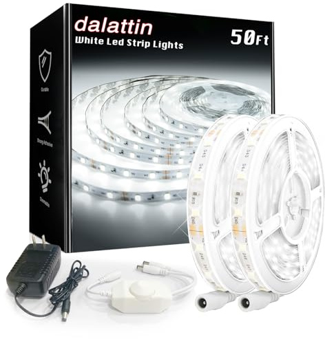 dalattin White LED Strip Lights 50ft Dimmable Bright 24V Led Light Strip 6500K Daylight White 900 LEDs Lights for Bedroom, Mirror, Kitchen, Strong Adhesive（2 Rolls of 25ft）