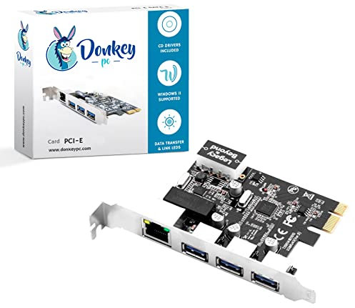 Donkey pc PCIe 1X Netzwerkkarte mit 3 Ports USB 3.0 + RJ45 1000Mbps LAN Gigabit Ethernet und 4-poliger Stromanschluss für Desktop-PC