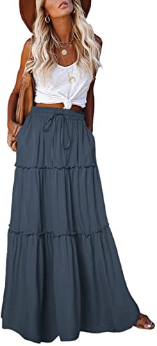 EARKOHA Womens Casual High Waist Tie Paisley Print Long Maxi Skirt with Pockets Solid-Gray Blue L