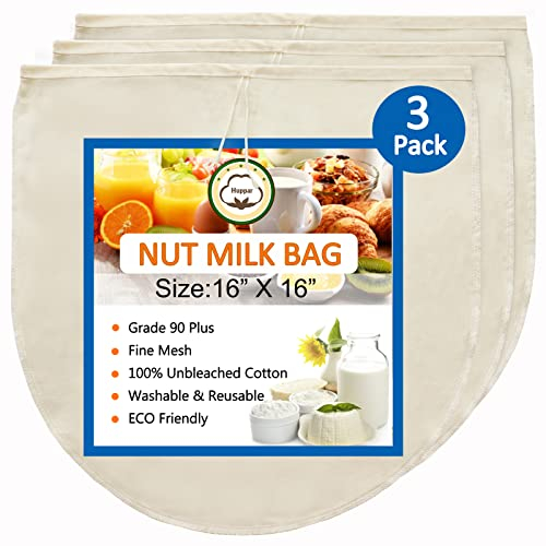 Huppar 3 Pack 16x16 Nut Milk Bag for Straining, 100% Unbleached Cotton Cloth, Reusable Cheesecloth, Strainer for Almond/Oat/Soy Milk, Cold Brew Coffee, Filter Bag for Cheese/Yogurt/Juice/Wine/Soup