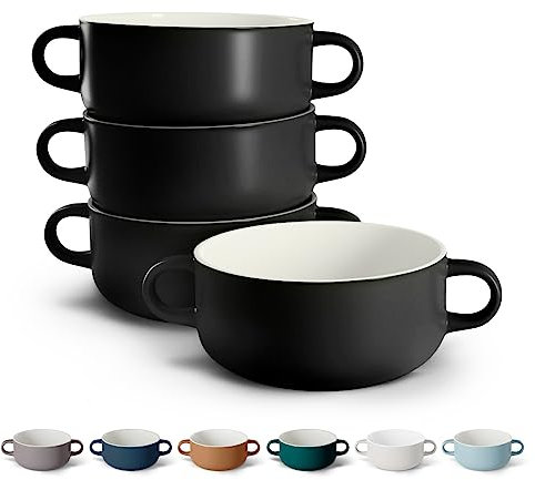 Kook Suppentöpfe, Keramikschalen, Braten, ofen-, mikrowellen- und spülmaschinenfest, mit Griffen, für Auflaufe, Nudeln, Müsli, 530 ml, 4 Stück (schwarz)