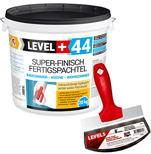 Super Finish Fertigspachtel Q1-Q4 Spachtelmasse 20kg Perfekt Glatt Weiß | Innenbereich + Eimerschaber Eimerschaufel EdelstahlSet RM44/5-210