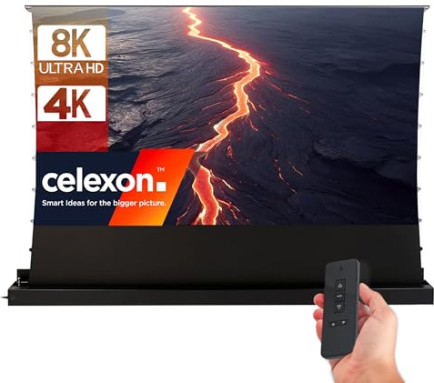 celexon HomeCinema Plus CLR UST Écran de Projection motorisé 120 Noir | 265x149 cm 16:9 | Écran encastrable et enroulement à Ciseaux au Sol 8K/Full HD pour projecteurs à Ultra-Courte focale