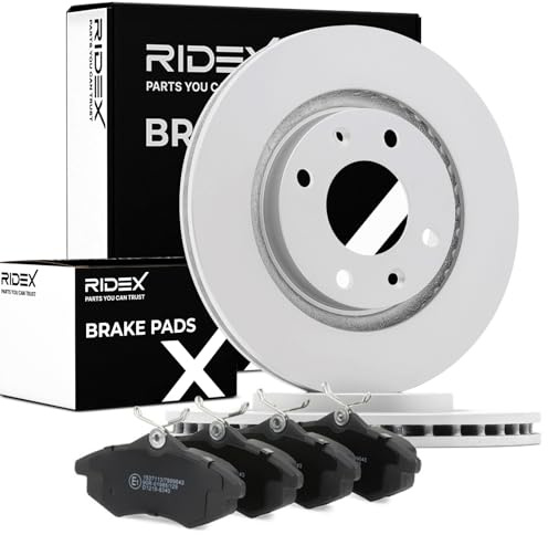 RIDEX 3405B1524 Juego para eje Kit de discos de freno y pastillas Delantero con muelle sin perno de sujeción de rueda con chapa antichirrido con tornillos Compatible con CITROËN C3 II SC