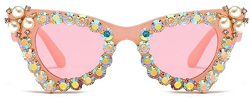 LJCZKA Retro Occhiali da Sole Occhi di Gatto Diamante Donna, Vintage Quadrati Strass Perla Montatura Festa Punk Sfumature Protezione UV400